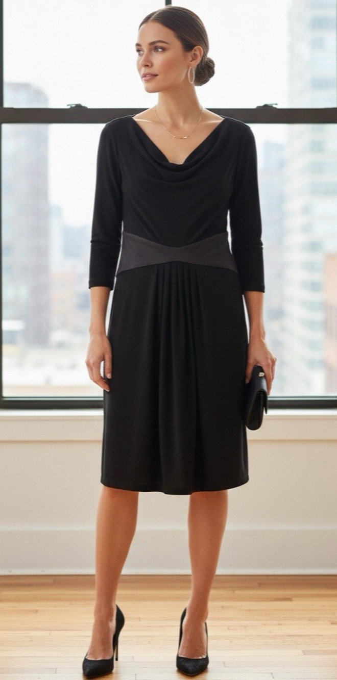Evan Picone Black Cowl Neck Sheath Dress Mid Length Ruched Waist Size 12